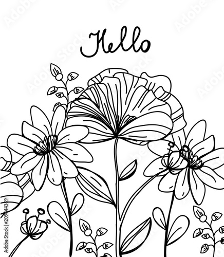 background monochrome drawing of flowers with the sign of hello on a white background

