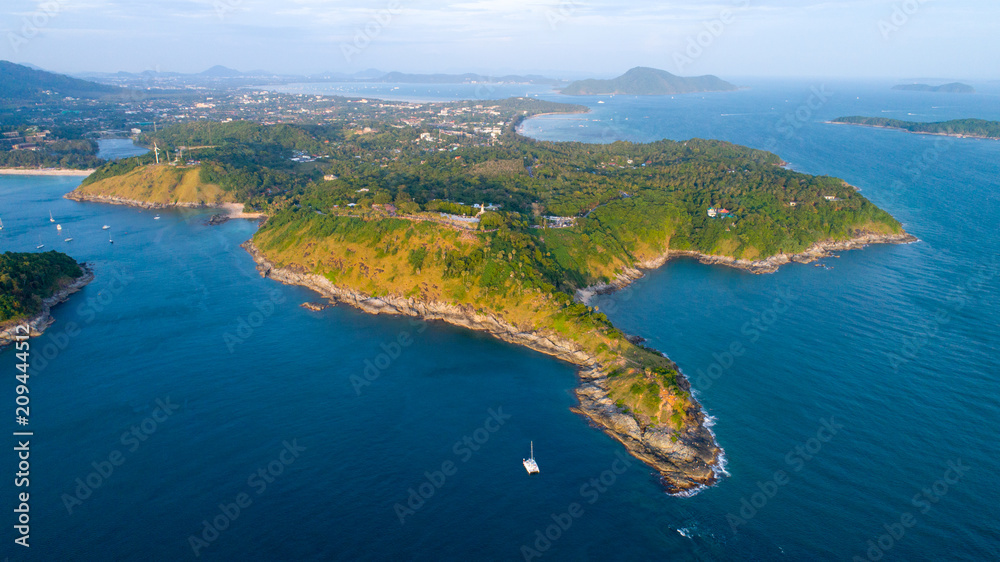 Aerial view of Promthep cape, Phuket, Thailand. 1st January 2018, In the evening. Promthep cape is very famous destination to see sunset.
