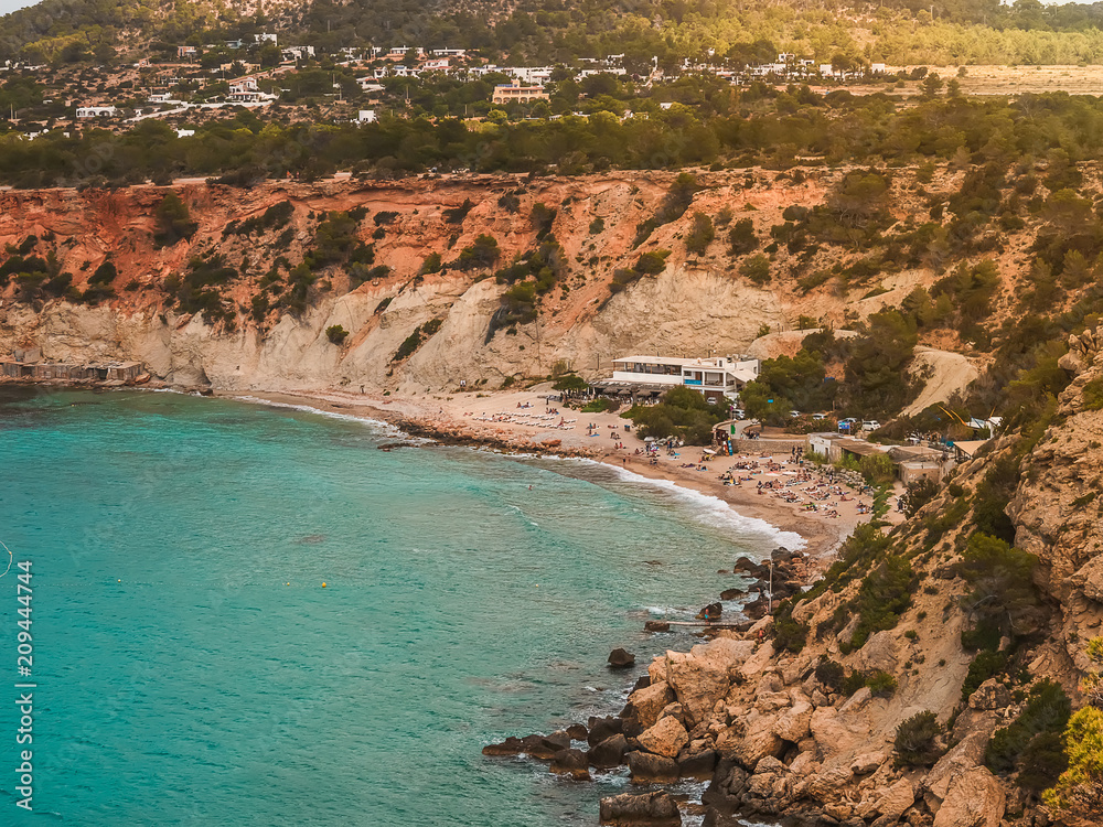 Playa , CAla D´hort en Ibiza. Vista aerea desde uno de los acantilados del parque natural del mismo nombre en la isla balear, España