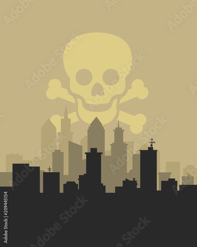 Smog and polluted air over the city. Town with foggy, misty and hazy cityscape. Skull and bones as symbol of danger, deadly contamination and toxicty, unhealty and killing pollution
