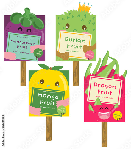 Cute Durian, Mango, Dragon, Mangosteen Fruit Vector Illustration