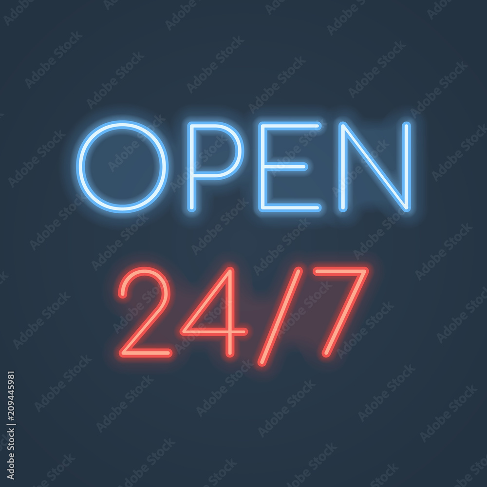 Glowing neon open 24/7 hours sign on dark background. Vector illustration. Glowing neon open 24/7 hours sign on dark background. Vector illustration.