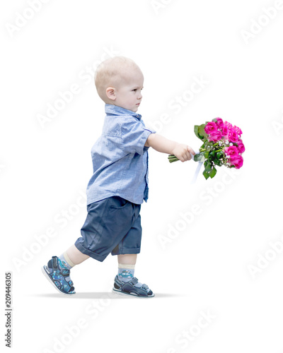 Portrait Of Small Baby Boy Walking Holding Pink Roses Bouquet Isolated On White Background Little Gentleman With Flowers Mother Valentine Day Or Birthday Congratulation Stock Photo Adobe Stock