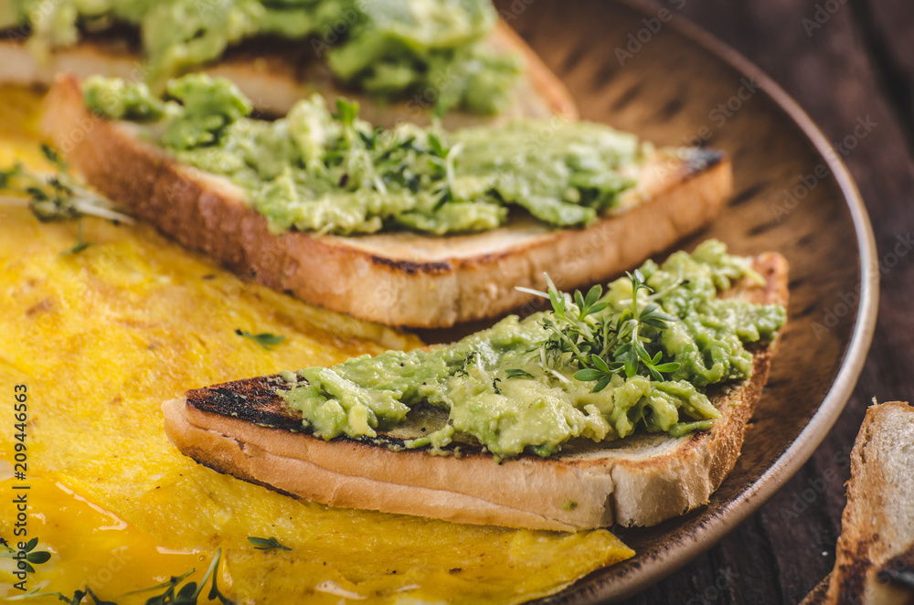 Egg omelette with garlic avocado toast