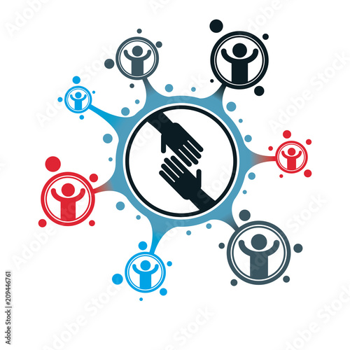 Social Relations conceptual logo, unique vector symbol. Hands contacting and Handshake sign, social deal, social interaction.