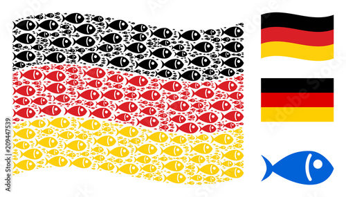 Waving German state flag. Vector fish items are arranged into mosaic Germany flag abstraction. Patriotic composition organized of flat fish icons.