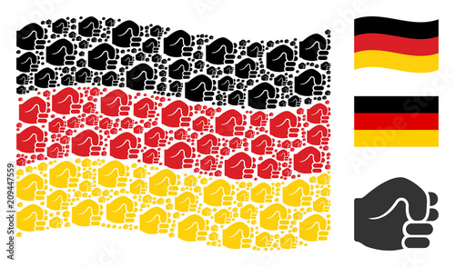 Waving Germany state flag. Vector fist items are grouped into mosaic German flag composition. Patriotic collage organized of flat fist elements.