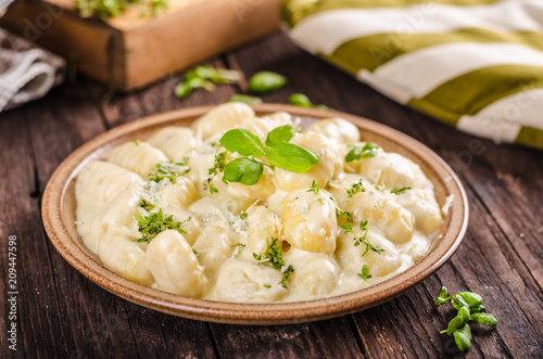 Obraz na płótnie Cheese gnocchi with blue cheese sauce and galic w salonie