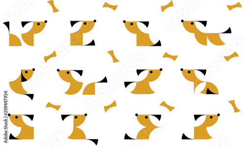 Nursery Childish Seamless Pattern Background with playing puppy. Decorativ Style Trendy Textile, Wallpaper, Wrapping Paper, Kids Apparel Design. Vector illustration.