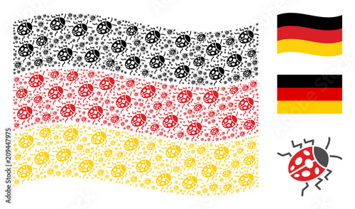 Waving Germany official flag. Vector ladybird bug pictograms are formed into conceptual Germany flag composition. Patriotic composition designed of flat ladybird bug icons.