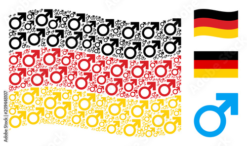 Waving German official flag. Vector Mars symbol pictograms are placed into geometric Germany flag composition. Patriotic concept created of flat Mars symbol design elements.