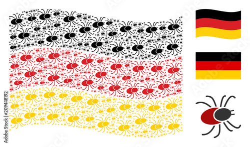 Waving German flag. Vector mite tick design elements are organized into conceptual Germany flag illustration. Patriotic collage created of flat mite tick design elements.