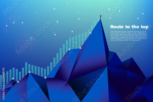 Route to the top of mountain: Concept of Goal, Mission, Vision, Career path, Vector concept Polygon dot connect line style