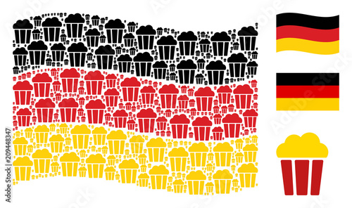 Waving Germany official flag. Vector popcorn bucket items are grouped into geometric Germany flag abstraction. Patriotic collage composed of flat popcorn bucket icons.