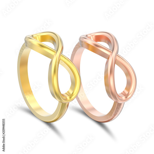 3D illustration isolated two yellow and rose gold simple infinity rings with shadow