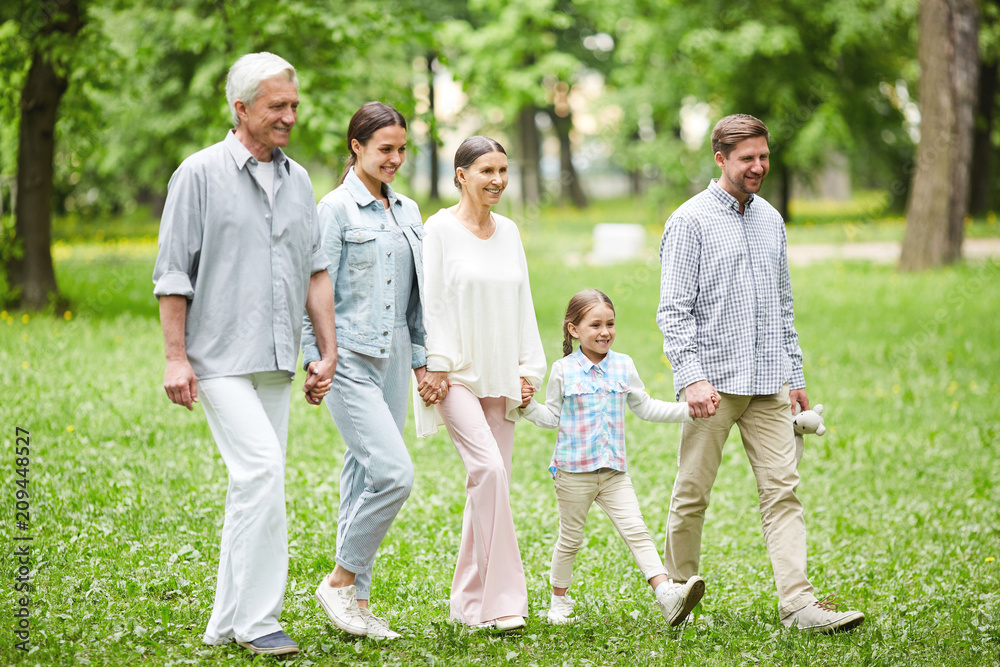 Fototapeta premium Senior and young couples and little girl walking down green glade in park on summer day