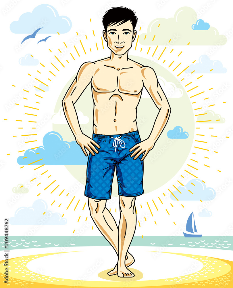 Handsome young man standing on tropical beach in bright shorts. Vector athletic male illustration. Summer vacation lifestyle theme cartoon.