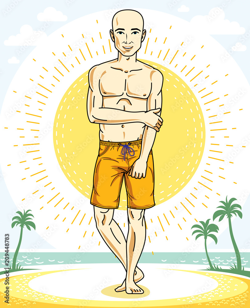 Handsome bald man standing on tropical beach and wearing beachwear shorts. Vector human illustration. Summer vacation theme.
