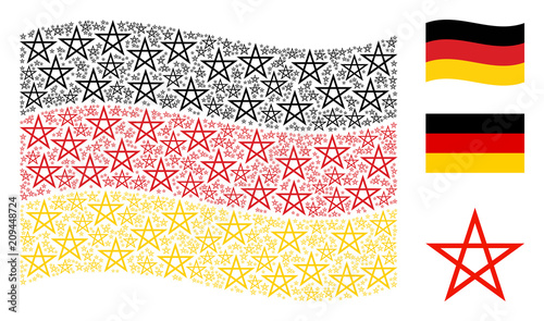Waving Germany official flag. Vector star pentagram design elements are placed into geometric German flag composition. Patriotic collage combined of flat star pentagram icons.
