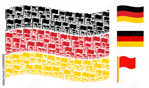 Waving German flag. Vector waving flag elements are grouped into mosaic Germany flag collage. Patriotic composition organized of flat waving flag pictograms.