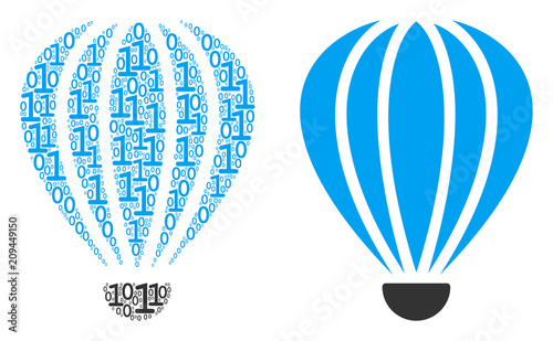 Aerostat mosaic icon of one and zero digits in randomized sizes. Vector digital symbols are composed into aerostat mosaic design concept.