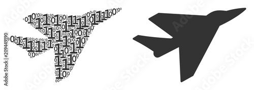 Airplane intercepter composition icon of zero and one symbols in randomized sizes. Vector digit symbols are grouped into airplane intercepter collage design concept.