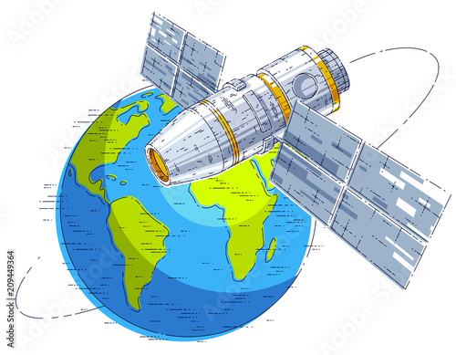 Space station flying orbital spaceflight around earth, spacecraft spaceship iss with solar panels, artificial satellite. Thin line 3d vector illustration.