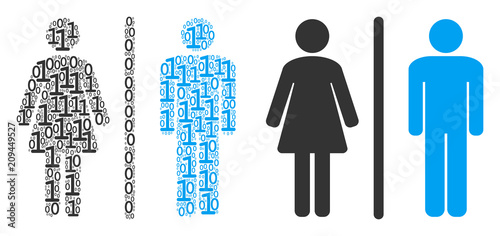 Toilet persons mosaic icon of one and zero digits in randomized sizes. Vector digits are formed into toilet persons composition design concept.