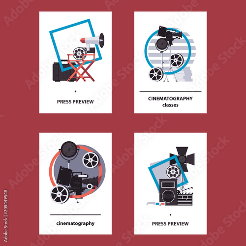 Vector collection with vertical cards and flyers templates on white background dedicated to cinema production, filming professionals and backstage. Directors chair, bobbin for press preview and expo