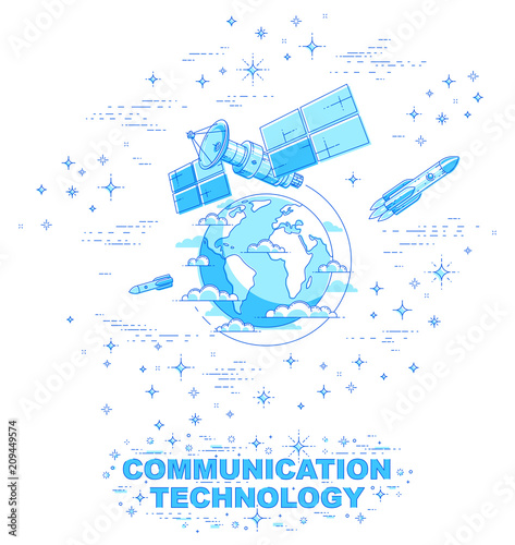 Communication satellite flying orbital spaceflight around earth, spacecraft space station with solar panels and satellite antenna plate, with rockets, stars and other elements. Vector.
