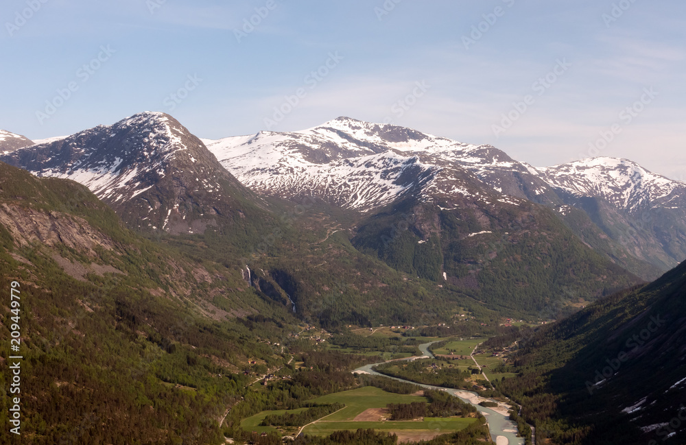 Aerial view of valley in Jostedalsbreen national park in Norway in a sunny day