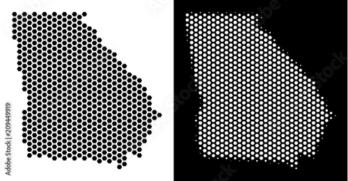 Hexagon American State Georgia map. Vector territory plan in black and white variants. Abstract American State Georgia map mosaic is made from honeycomb pixels.