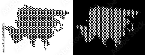 Hex Tile Asia map. Vector territory plan in black and white variants. Abstract Asia map mosaic is composed from hexagon pixels.