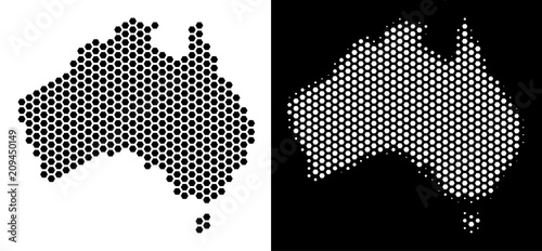 Hexagon Australia map. Vector territorial plan in black and white versions. Abstract Australia map concept is constructed from hexagonal spots.