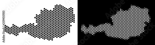 Hexagonal Austria map. Vector territory plan in black and white variants. Abstract Austria map concept is combined of hex tile spots.