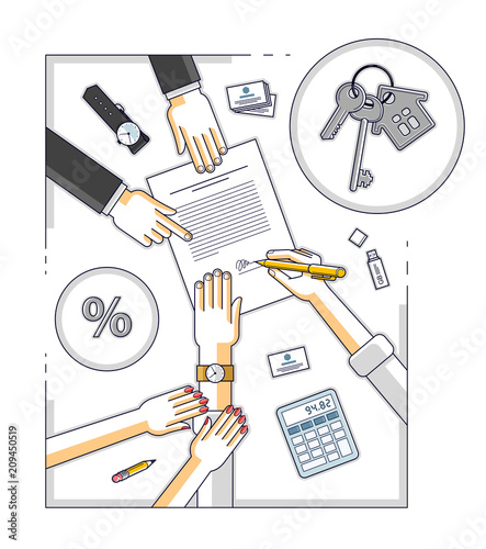 Man signs bank mortgage hypothec for real property house buying and his woman helps him to dare to make a decision and employee explains terms of loan, top view people hands and paper. Vector.