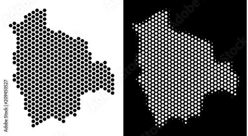 Honeycomb Bolivia map. Vector territory plan in black and white variants. Abstract Bolivia map mosaic is composed from hexagon elements.