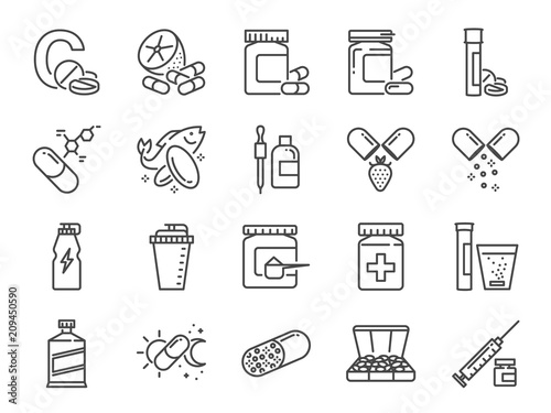 Vitamin and dietary supplement icon set. Included the icons as vitamin c, fish oil, whey protein, tablet, pills, medication, medicine and more photo