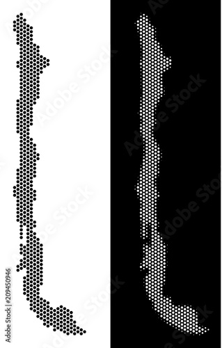 Honeycomb Chili map. Vector territory plan in black and white variants. Abstract Chili map composition is combined of hexagonal blots.