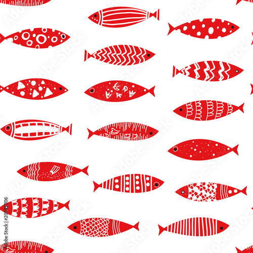 Fishes seamless pattern in doodle style, vector graphic illustration
