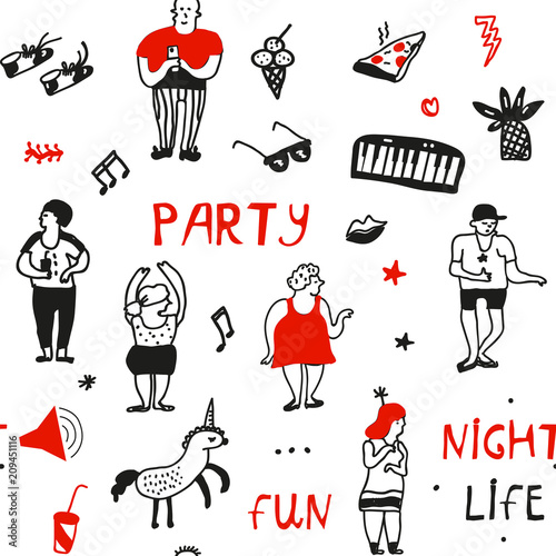 Party seamless pattern in doodle style, vector graphic illustration