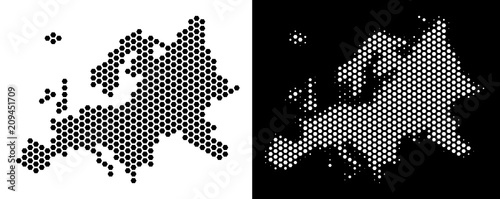 Honeycomb Europe map. Vector geographic scheme in black and white versions. Abstract Europe map mosaic is composed from hexagonal blots.