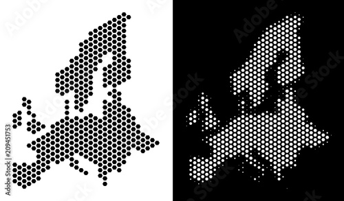 Hexagonal European Union map. Vector territorial plan in black and white versions. Abstract European Union map concept is containing hexagonal dots.