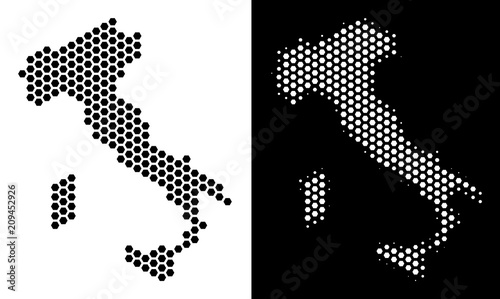 Hexagon Italy map. Vector geographic plan in black and white variants. Abstract Italy map mosaic is composed from hex-tile pixels.