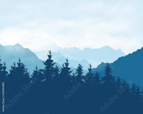 Realistic illustration of a coniferous forest in a mountain landscape in a haze under a blue sky with clouds