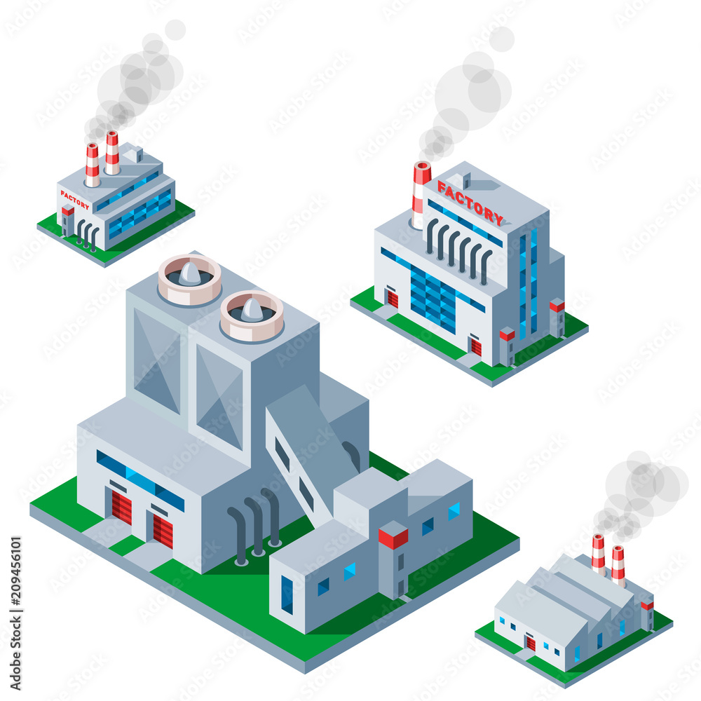 Isometric factory building icon industrial element warehouse architecture house vector illustration