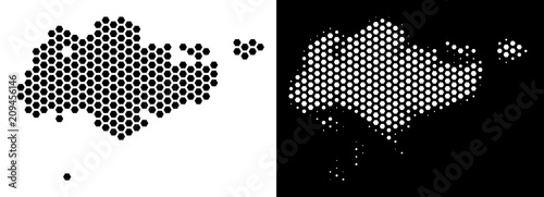 Hexagonal Singapore map. Vector territory scheme in black and white variants. Abstract Singapore map concept is combined of hexagonal pixels.