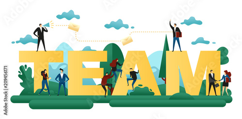 Cooperative Teamwork. Office People Together Build Word Team. Abstract Design Concept Business Project. Vector Illustration
