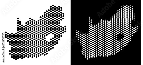 Hex-Tile South African Republic map. Vector territory plan in black and white variants. Abstract South African Republic map concept is constructed from hex tile pixels.