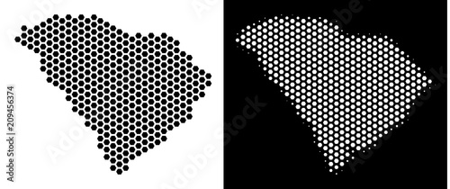 Hexagonal South Carolina State map. Vector territory scheme in black and white versions. Abstract South Carolina State map composition is created from hexagon elements.
